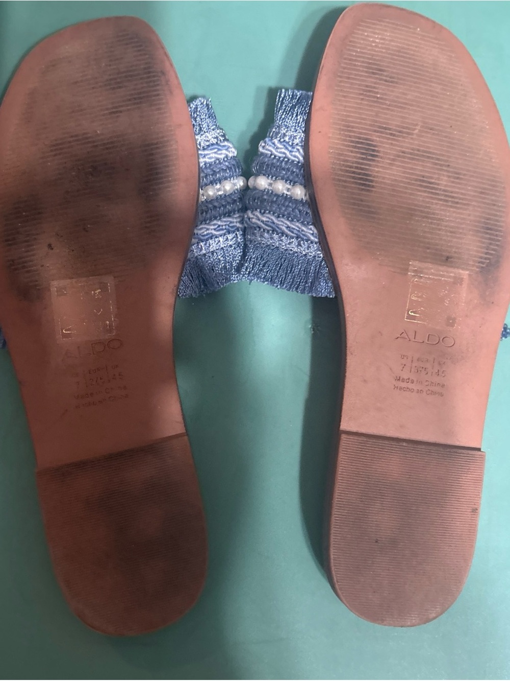 ALDO Blue Fringe Pearl-Trim Slide Sandals - Picture 4 of 7
